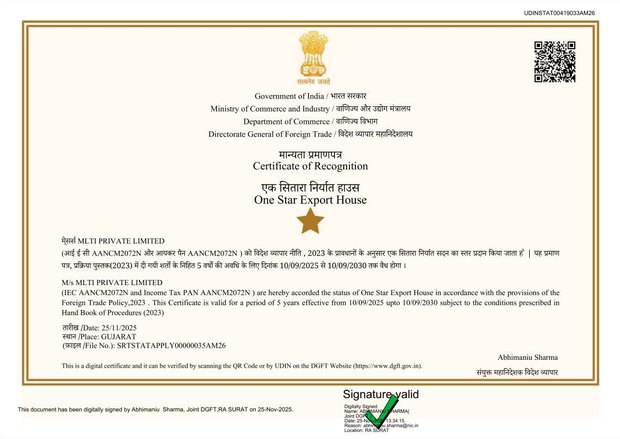 One Star Export House certificate issued by Directorate General of Foreign Trade